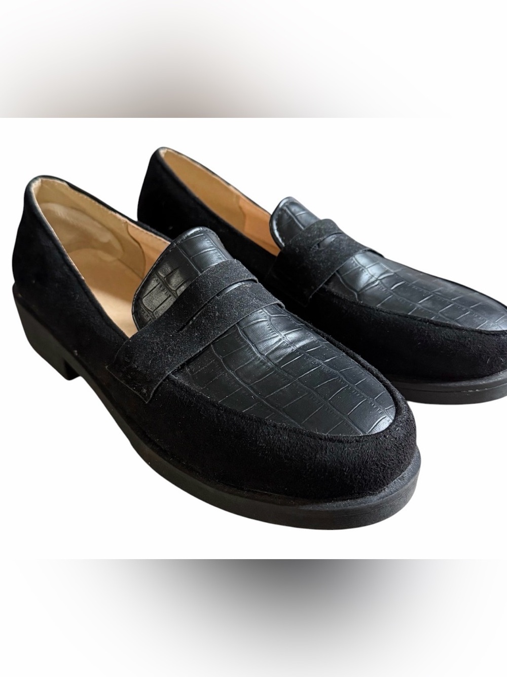 Black Faux Suede Croc Embossed Penny Loafers Slip-On Shoes Women’s Sz 9 (Estimat
